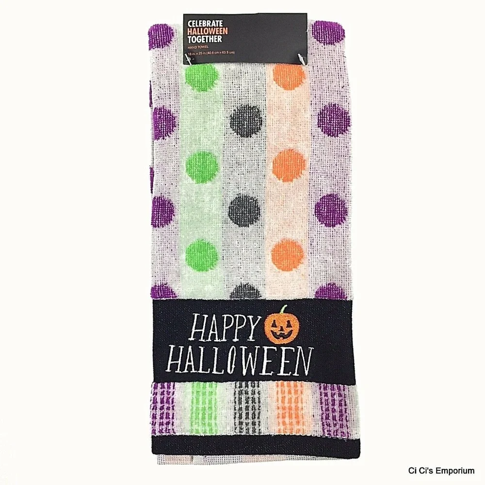 Happy Halloween Hand Towel Gray with Polka Dots 16 in x 25 in
